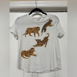 Anthropologie White Tee with Tiger Design XS